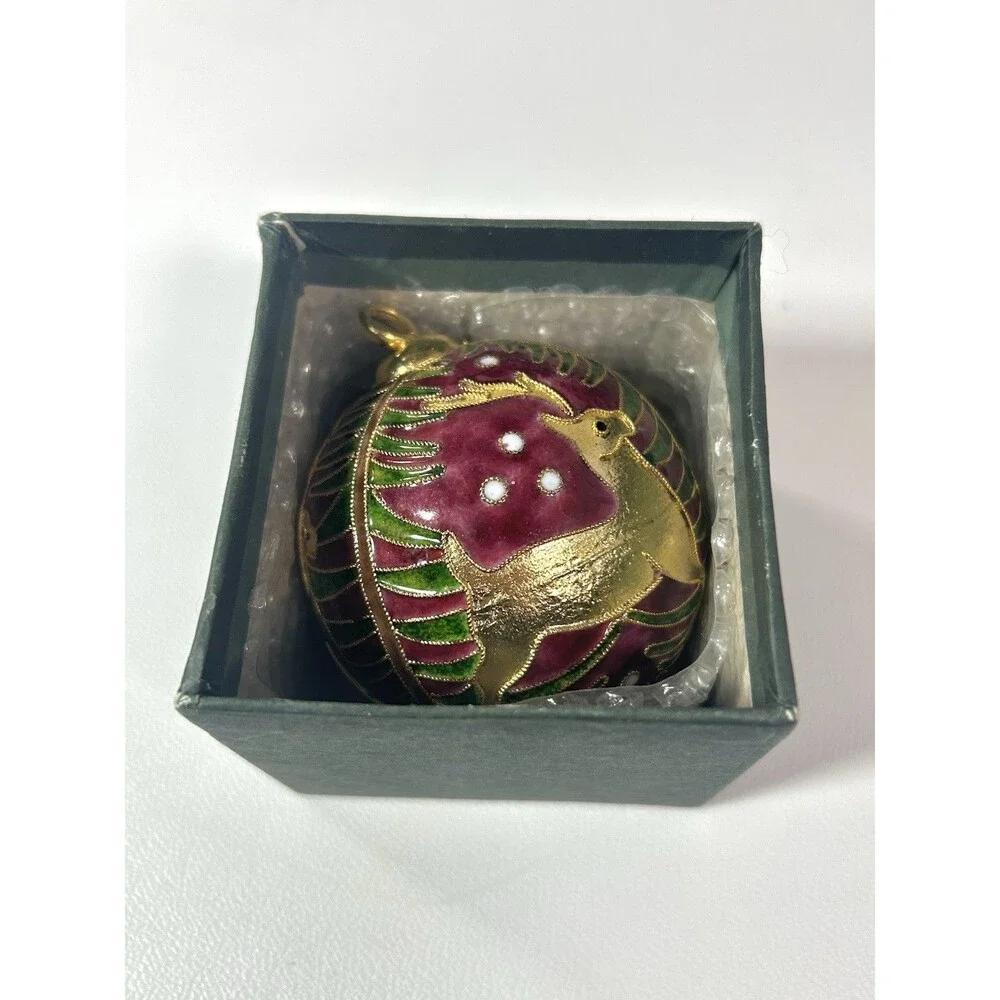 Victorian Enamelling Cloisonné Gold Tone Plated Christmas Tree Reindeer Ornament